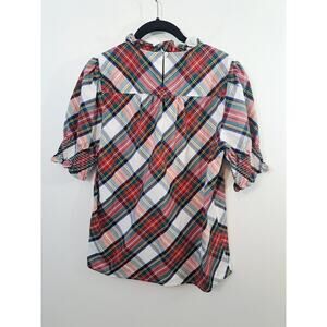 J. Crew Women's Red Green White Plaid Blouse High Neck XS Smocked Sleeve